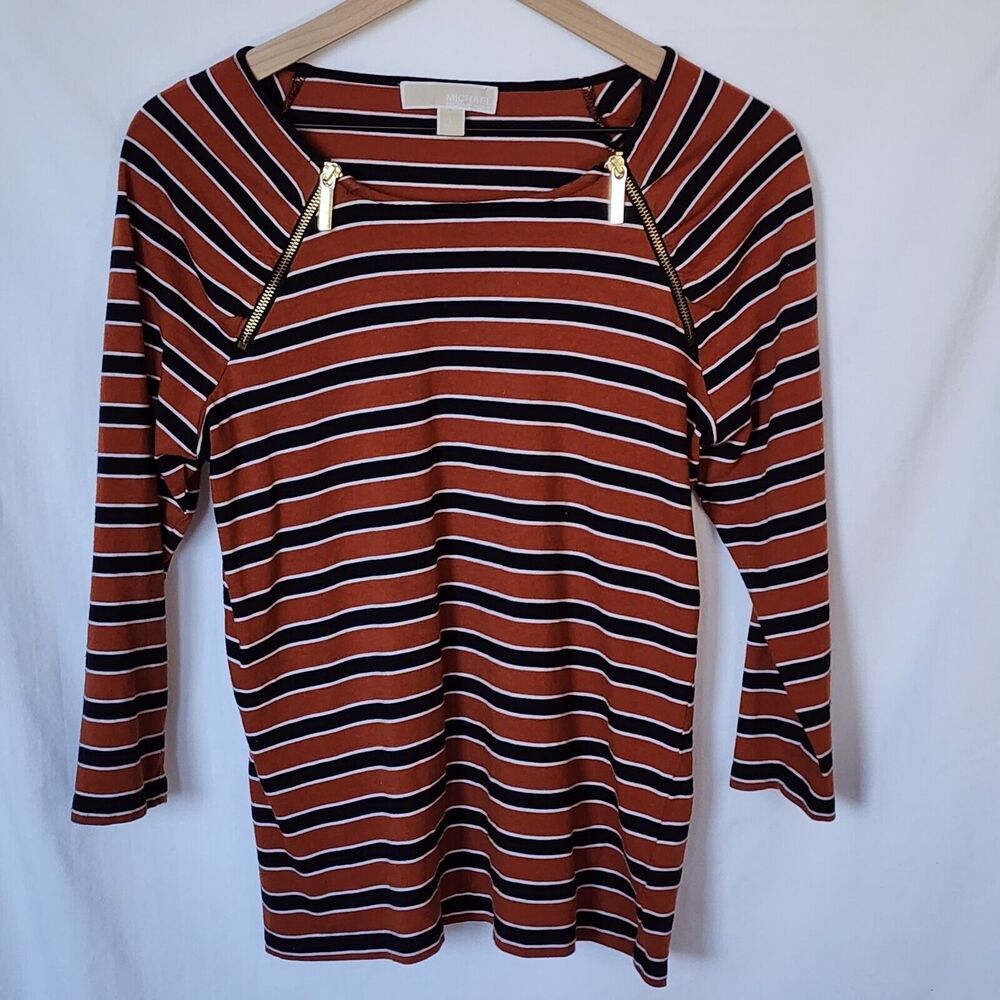 Michael Kors Gold Logo Zipper Accent Stripped Women's Long Sleeve Knit Top Large